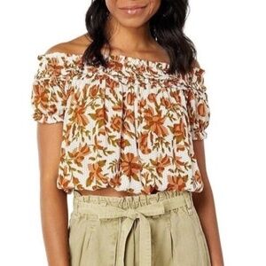 Free People Floral Off-Shoulder Crop Top - Orange and White